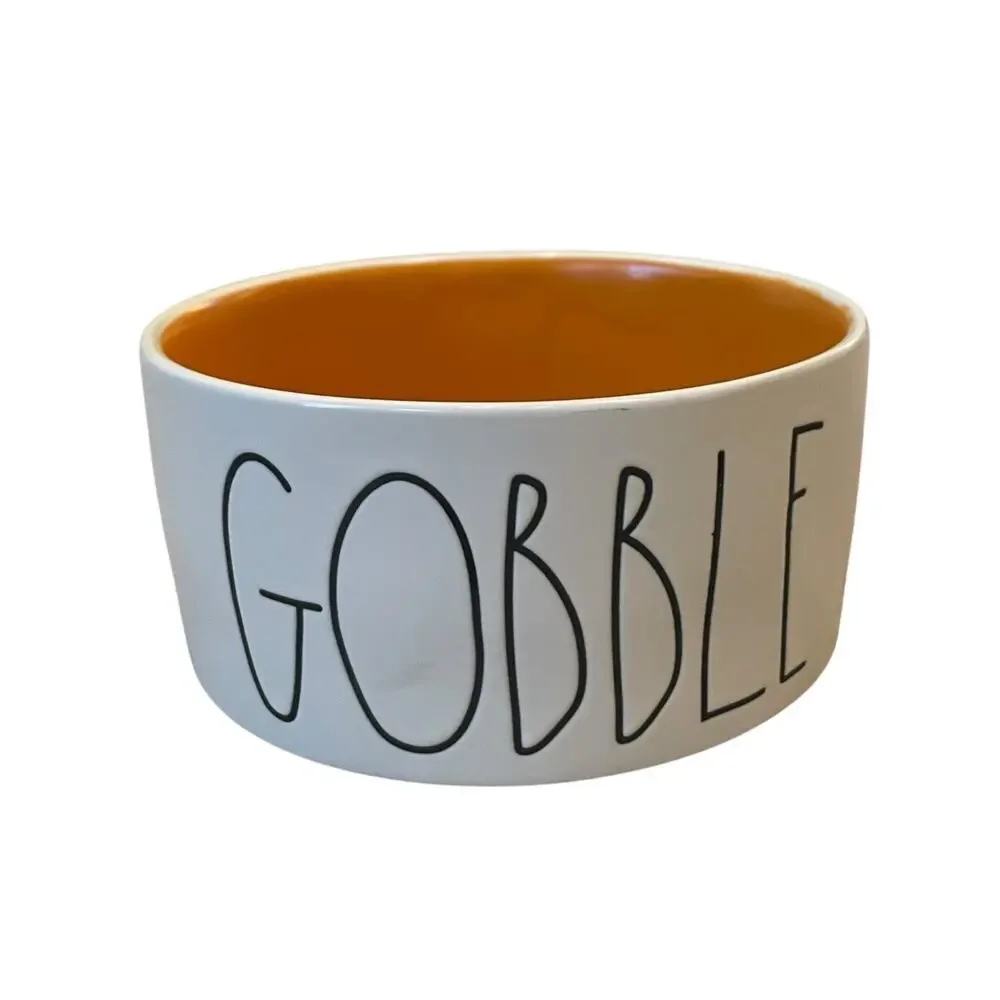 Rae Dunn Artisan Collection Dog Bowl GOBBLE Ceramic 5.5in White Orange NWOT